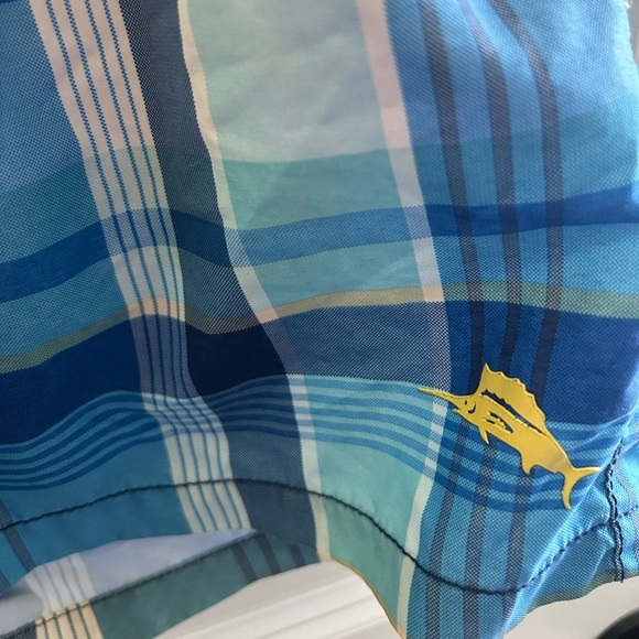 EUC Tommy Bahama size Small men’s swim trunks. Blue plaid. Drawstring. Pockets - Picture 2 of 8